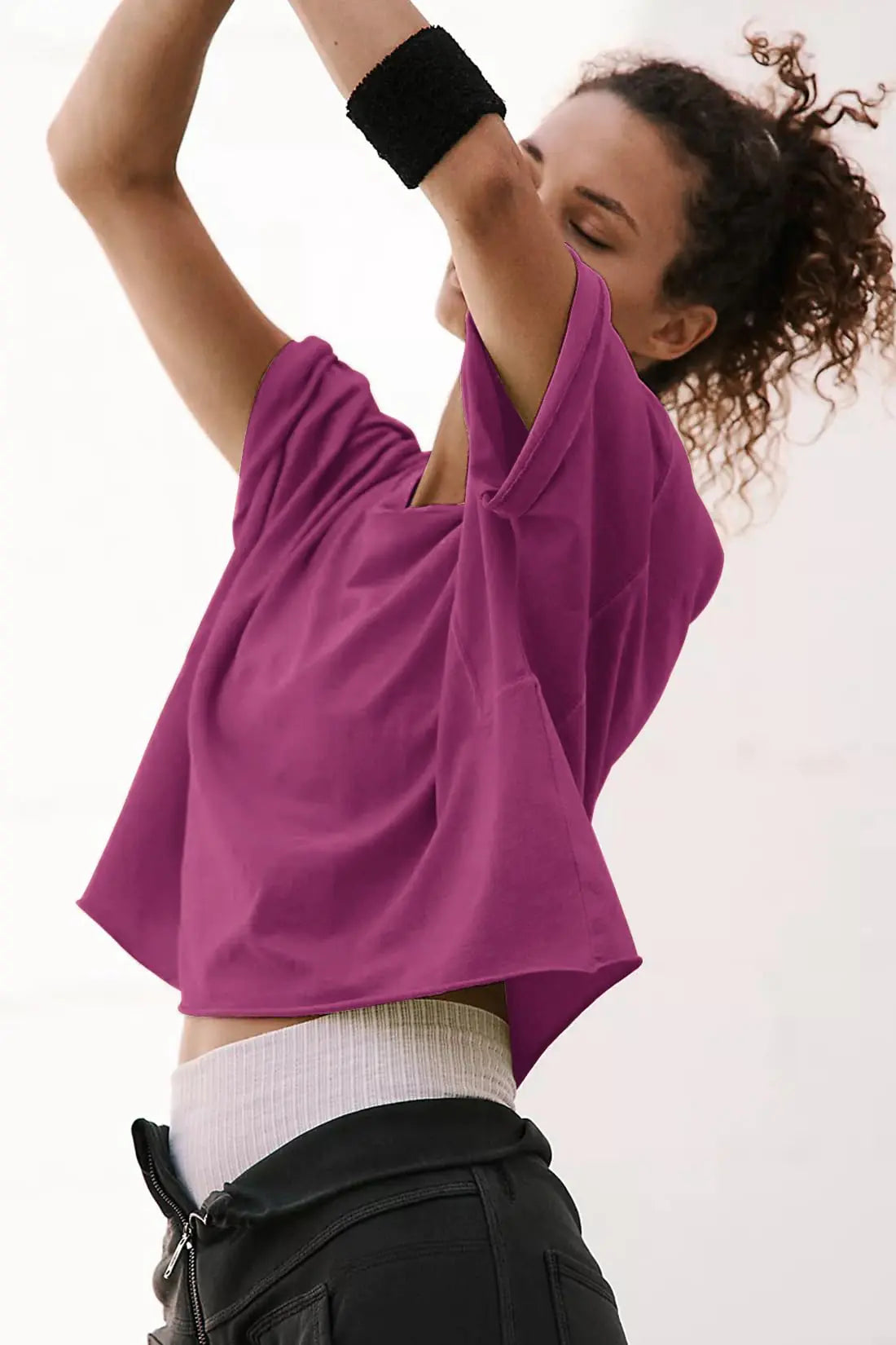 Women's Oversize Workout Crop Tops Casual Short Sleeve Drop Shoulder Boxy T-Shirts Roll Hem Basic Loose Yoga Running Tees Medium Purple Red