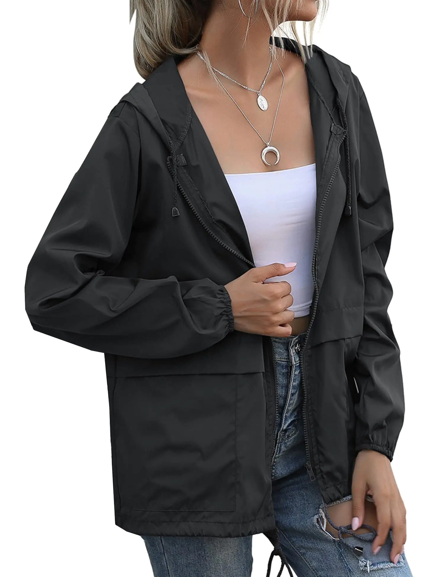 Women's Raincoats Lightweight Waterproof Windproof Adjustable Windbreaker Rain Jackets Hooded with Pockets S-XXL XX-Large Zipper Black