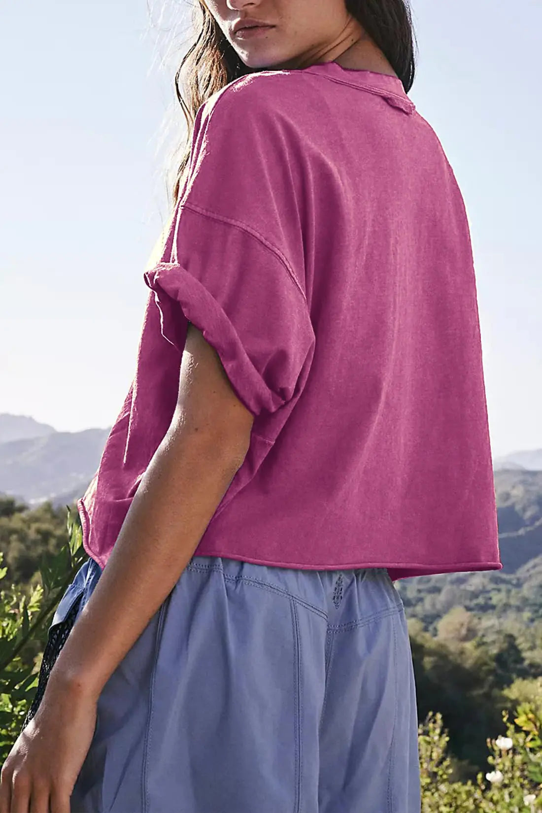 Women's Oversize Workout Crop Tops Casual Short Sleeve Drop Shoulder Boxy T-Shirts Roll Hem Basic Loose Yoga Running Tees Medium Purple Red