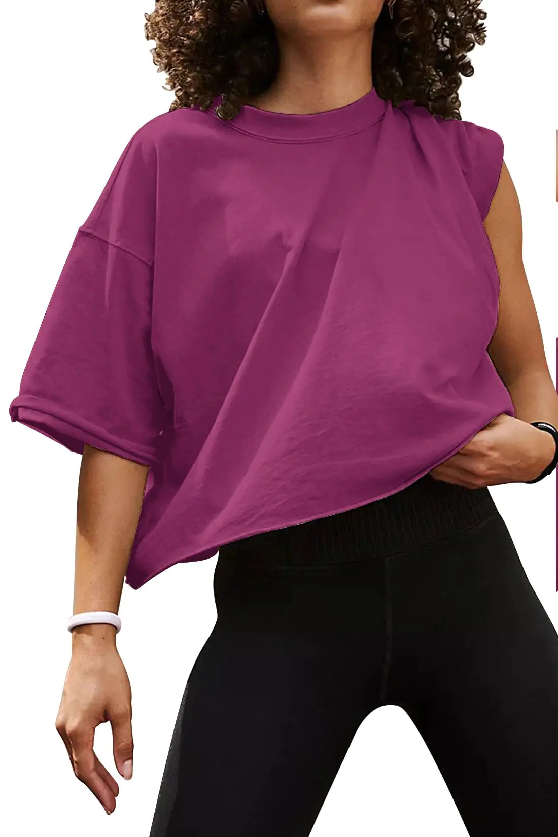 Women's Oversize Workout Crop Tops Casual Short Sleeve Drop Shoulder Boxy T-Shirts Roll Hem Basic Loose Yoga Running Tees Medium Purple Red