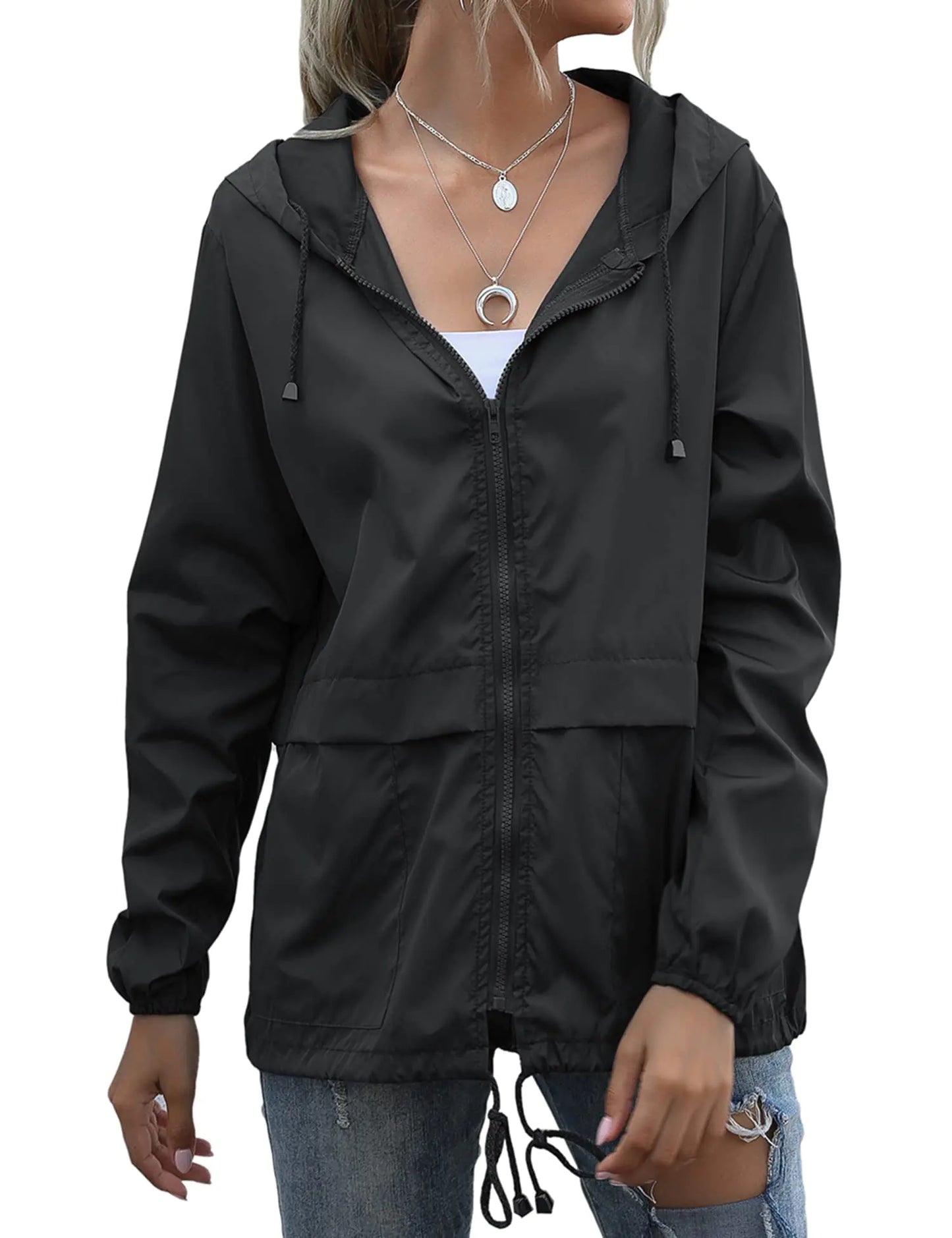 Women's Raincoats Lightweight Waterproof Windproof Adjustable Windbreaker Rain Jackets Hooded with Pockets S-XXL XX-Large Zipper Black