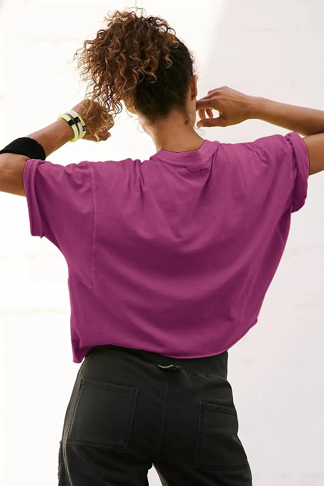 Women's Oversize Workout Crop Tops Casual Short Sleeve Drop Shoulder Boxy T-Shirts Roll Hem Basic Loose Yoga Running Tees Medium Purple Red